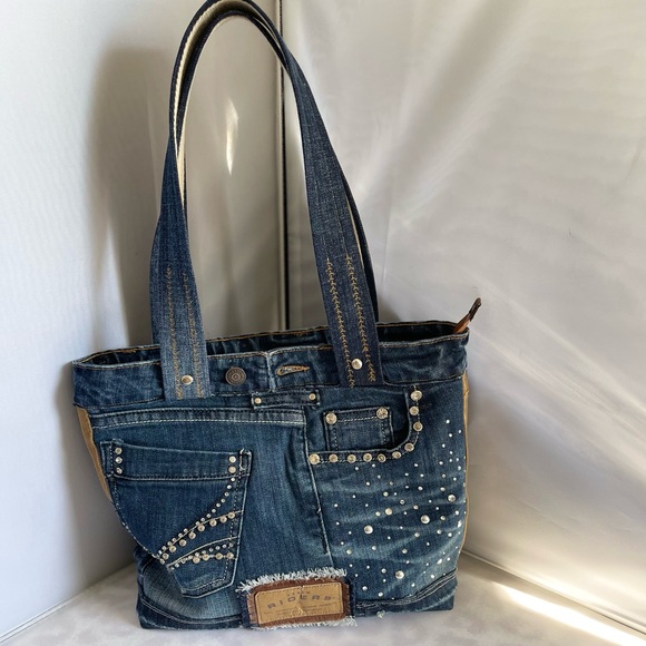 Denim bag patchwork shoulder bag upcycled jeans boho bag - Picture 5 of 10